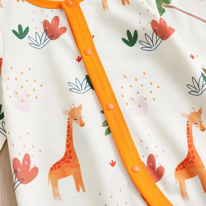 Spring And Autumn Boys And Girls Cute Cartoon Giraffe Print Comfortable Casual Long Sleeve Baby Bodysuit