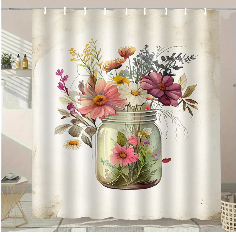 

Floral vase with flowers Washable Dirt-Resistant Shower Curtain Shower Head waterproof Polyester Bath Curtain For Home Decor