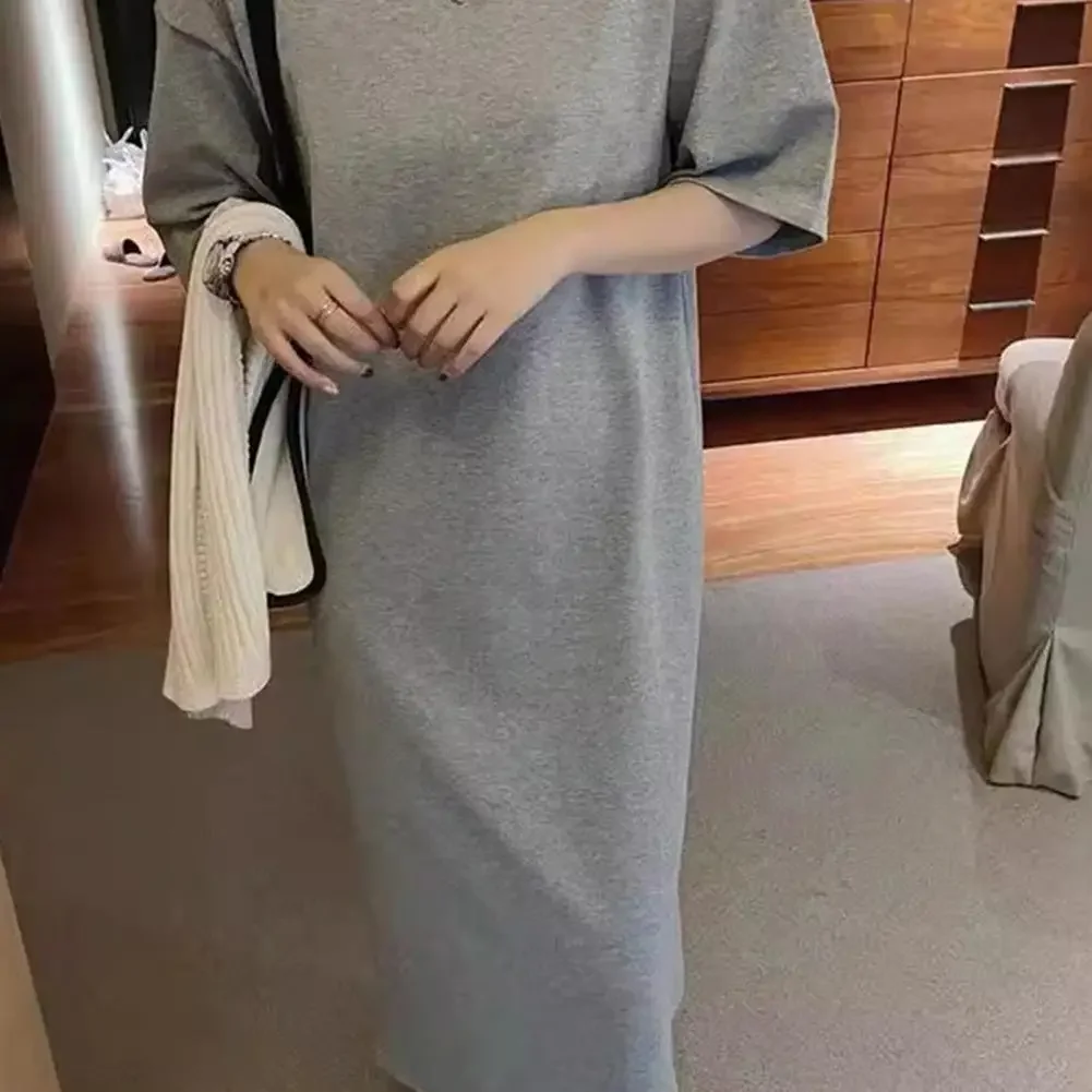 Abito lungo ampio con spacco a trapezio da spiaggia Abito camicia da donna estivo Abito casual a maniche corte con scollo tondo Tinta unita