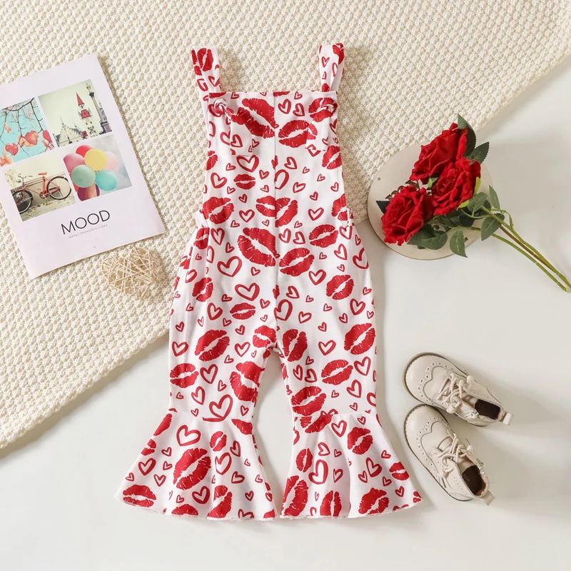 

Girls Heart Print Suspender Jumpsuit Sleeveless Flare Pants with Lips Pattern for Valentine s Day Celebration