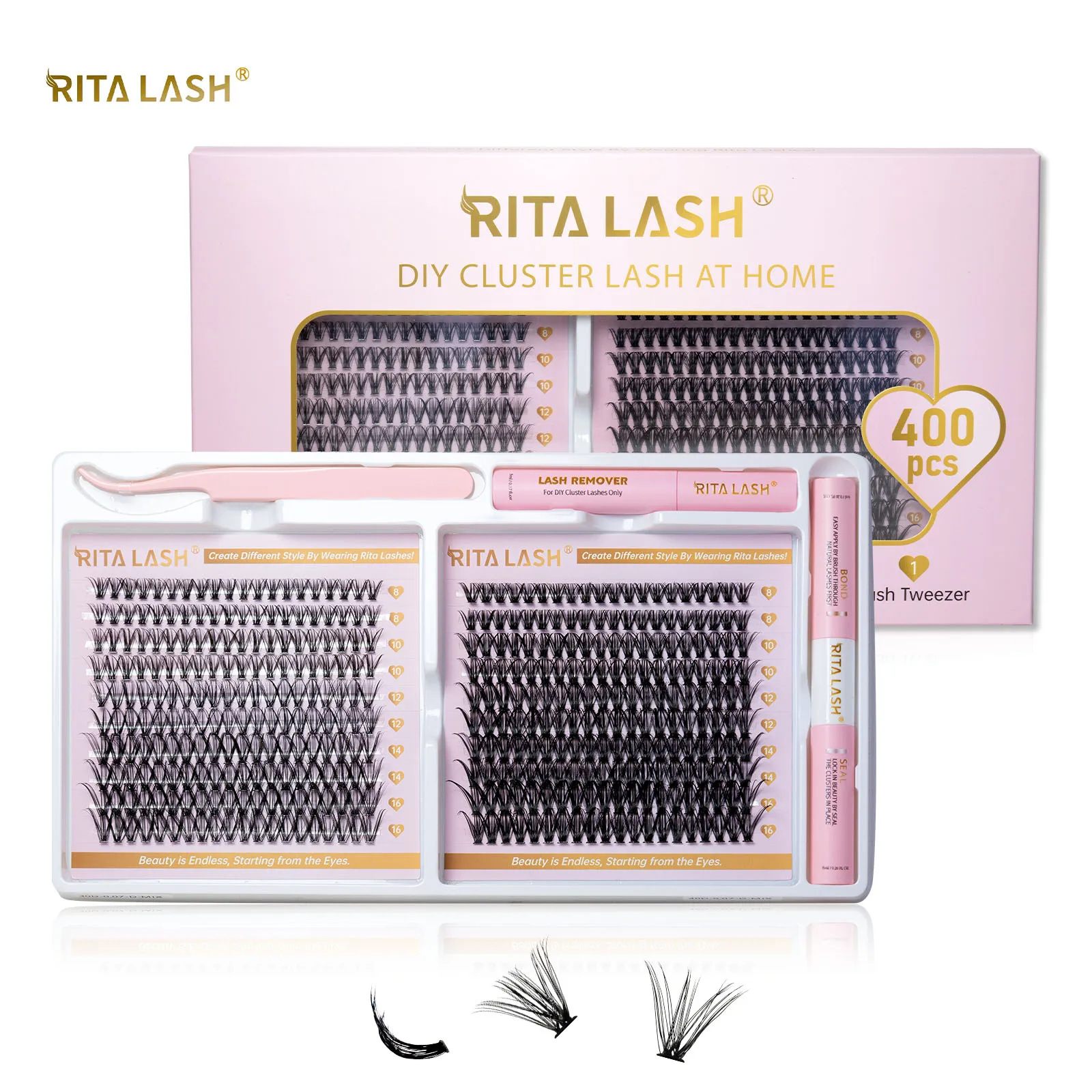 

RITALASH Cluster Lash Kit D Curl DIY Extension Kit with Lash Bond and Seal Cluster Remover Lash Tweezer DIY at Home