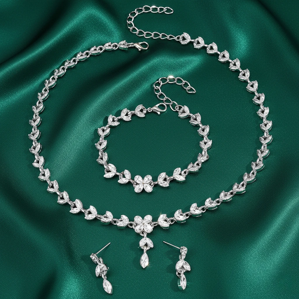 

4pcs Trendy Red Shiny Jewelry Set Crystal Leaf Necklace Elegant Teardrop Earring Silver Bracelet Fashion Party Accessories Gift