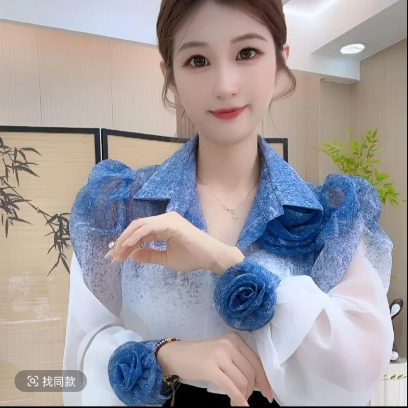 Camisa de cor gradiente feminina verão francês moda novo topo design exclusivo roupas de proteção solar blusa feminina topos