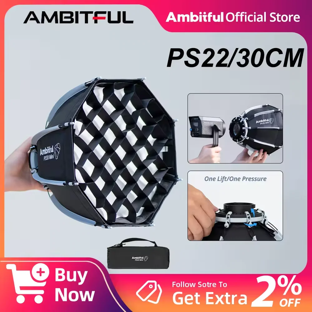 Mini boîte à lumière octogonale Ambitful PS22 PS30 avec monture Bowens pour éclairage COB, boîte à lumière mate avec monture Bowens