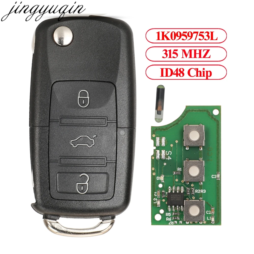 Jingyuqin 3 Button Remote Key 315MHz ID48 For VW Golf 4 5 6 Jetta Passat CC Tiguan Polo Beetle Touran 1J0959753DJ 1K0959753L