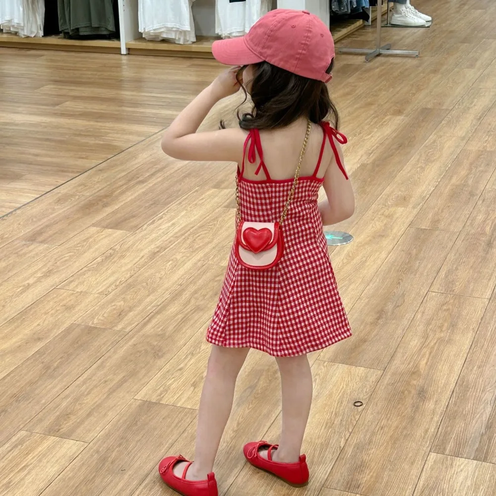

Girls Dress Korean Style 2024 Summer New Plaid Sleeveless Tank Top Lace Up Vacation Fashion Sweet Summer Children Dress