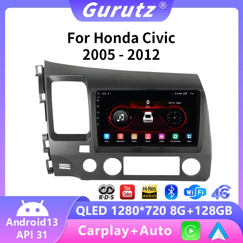 

9" Android 13 Carplay Car Stereo Radio for Honda Civic 8 2005-2012 Multimedia Player Navigation GPS 2 Din 4G Head Unit Audio DVD