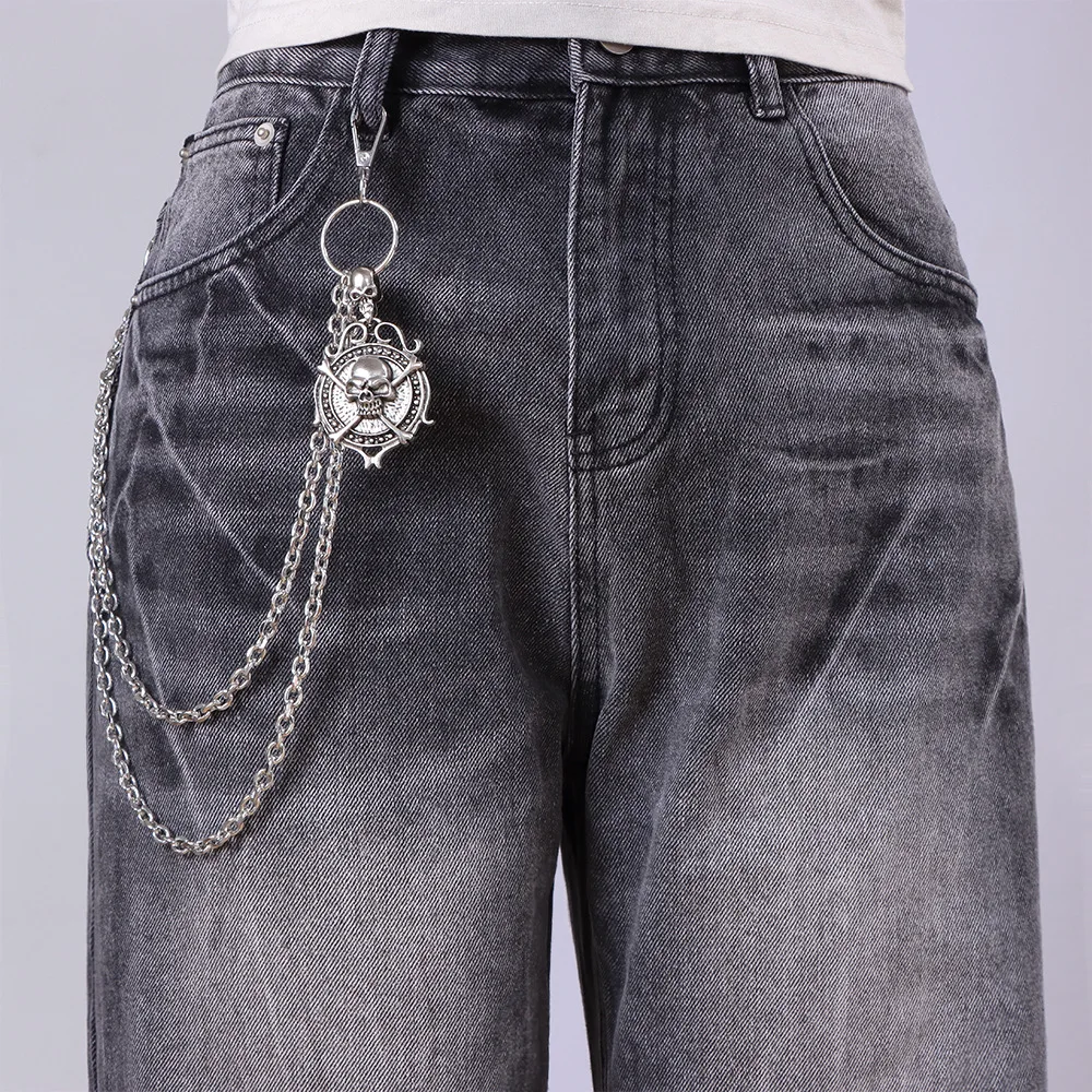 Multi‑Layer Pants Chain Silver Skull Round Medal Waist Chain Gothic Punk Jeans Keychain Hip‑Hop Street Clothing Decor Accessory