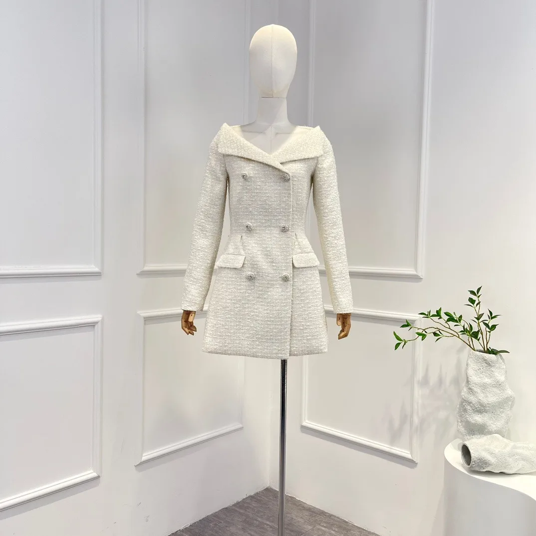 2025, neues Herbst-Minikleid aus hochwertigem Beige mit langen Ärmeln und Tweed für Damen