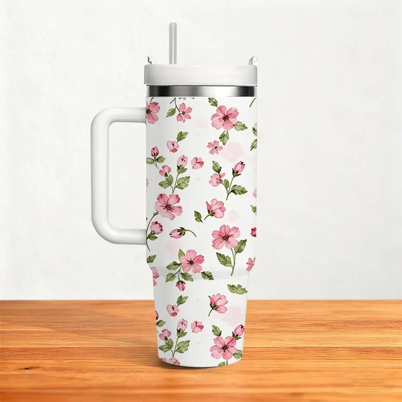 40oz Insulated Tumbler with Cherry Blossom Cup - Pink Design & Green Print, Leakproof Suitable for Daily Commute, Outdoor, Gym, Office, Travel, Water for Home Use, Hand Wash Only