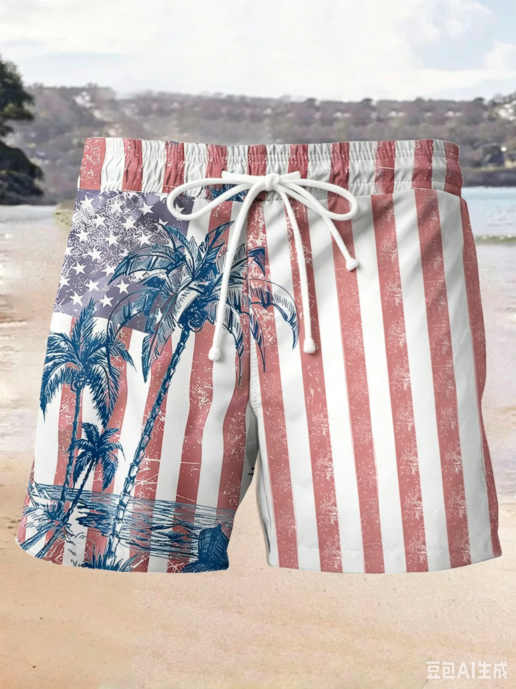 

Summer Men's Hot Selling Patriot Coconut Tree Printed Leisure Vacation Beach Shorts Outdoor Sports Fashion Quick Drying Shorts