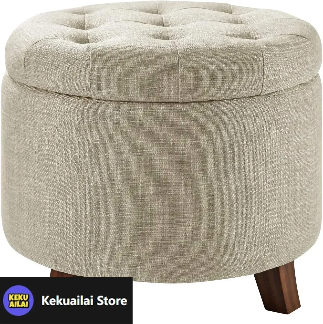 

Upholstered Tufted Storage Round Ottoman Footstool, Linen, Burlap Beige, ‎20"W x 20"D x 17"H