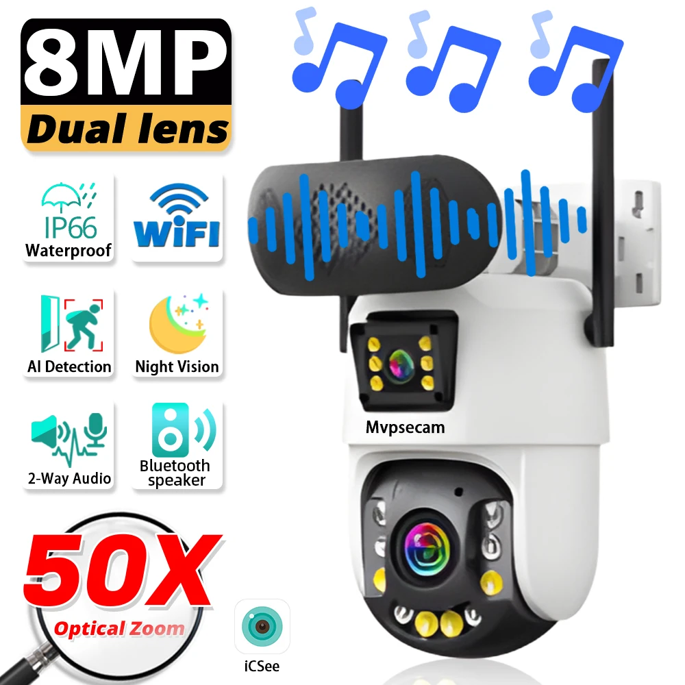 

4K двойной объектив Wi-Fi PTZ IP-камера безопасности 50-кратный зум наружная камера видеонаблюдения ICSEE с Bluetooth-динамиком