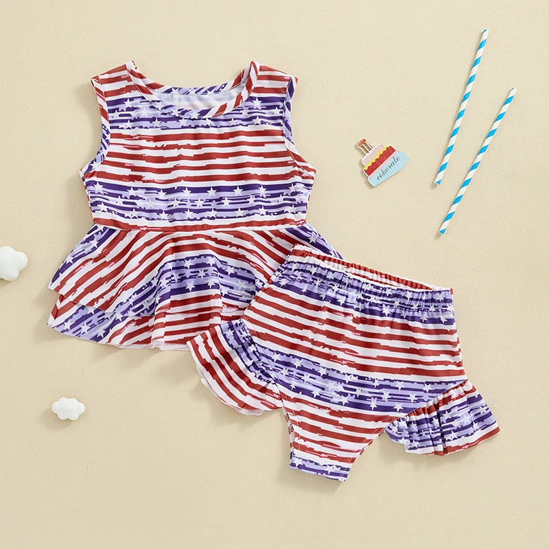 

Little Girl 4th of July Swimsuit Outfit Star Print Sleeveless Ruffled Swim Tops Frill Trim Swim Shorts Summer Bathing Suit