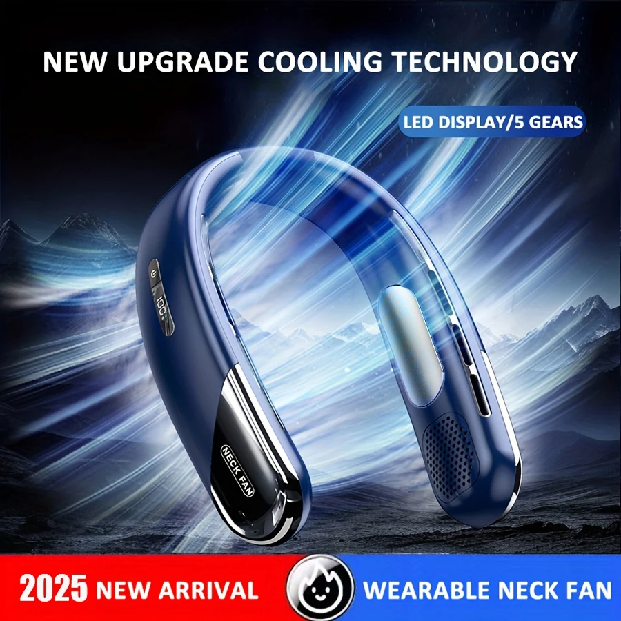 

1 шт. носимый шейный вентилятор, портативный кондиционер со светодиодным экраном, 360° ° Окружающий ветер, 2400 мАч, 5 передач, малошумный