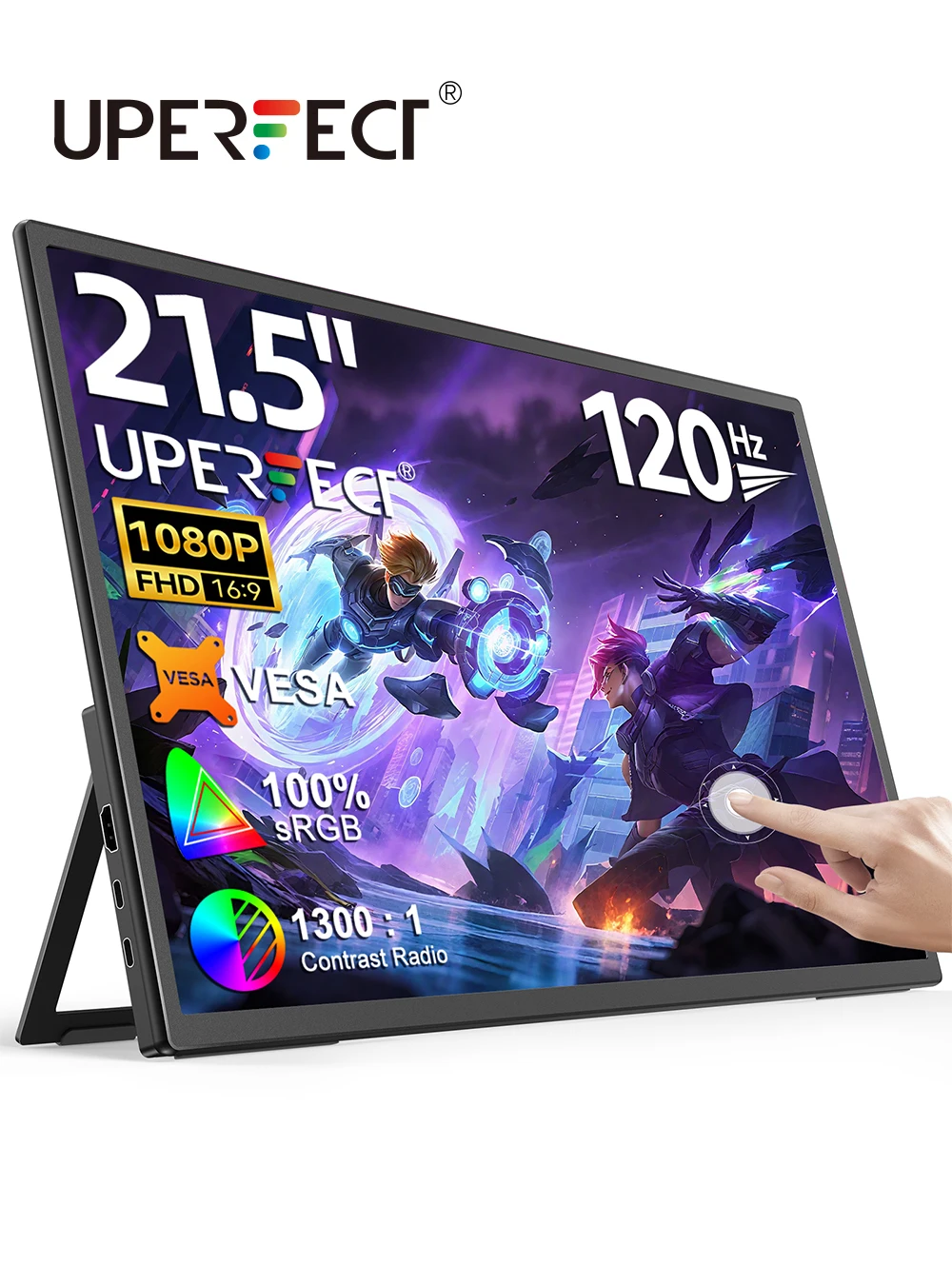 شاشة كمبيوتر UPERFECT تعمل باللمس مقاس 21.5 بوصة وتردد 120 هرتز ودقة 1080 بكسل مع حامل VESA ومكبرات صوت HDR ومنفذ USB C ومنفذ HDMI صغير وشاشة محمولة لأجهزة الكمبيوتر والهواتف وأجهزة الألعاب #1