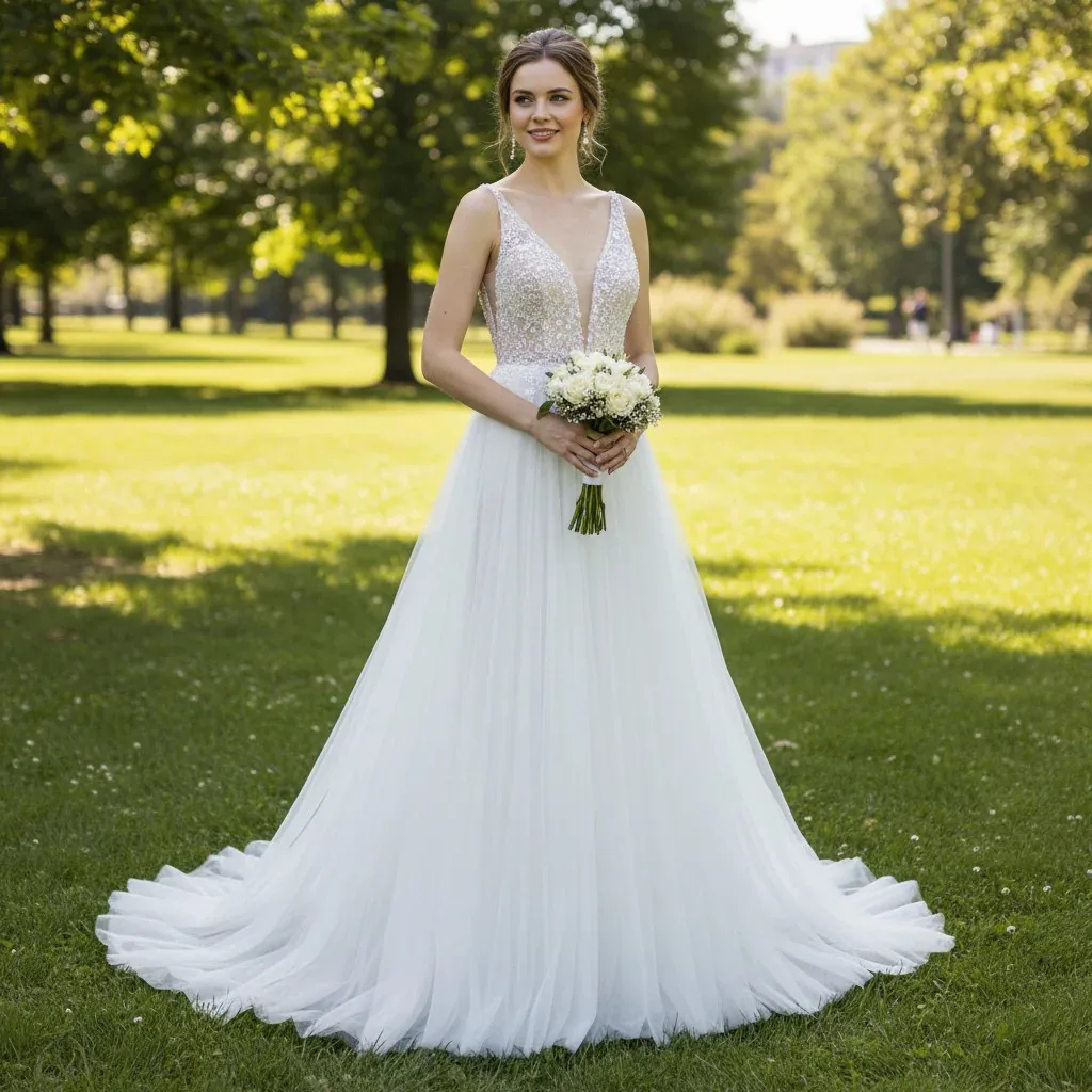 ชุดแต่งงานทรงเอไลน์ประดับคริสตัล Rosymae แบบเว้าลึก แขนกุด ดีไซน์เซ็กซี่หรูหราสำหรับเจ้าสาว