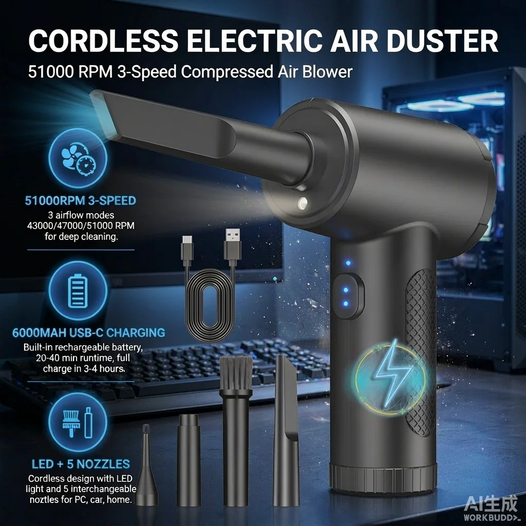 Cordless Electric Air Duster 6000mAh Rechargeable, 3 Speed Adjustable Air Blower Up to 51000RPM with LED Light, Portable Powerful Dust Cleaner for PC Computer Keyboard Laptop Electronics Office Home and Car Cleaning