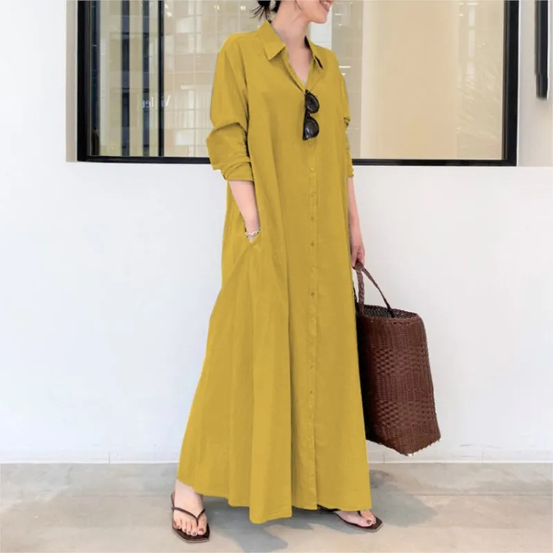 

Women's Solid Color Cotton And Linen Lapel Long Sleeved Pocket Simple Casual Shirt Dress Button Up Cardigan Irregular Long Skirt