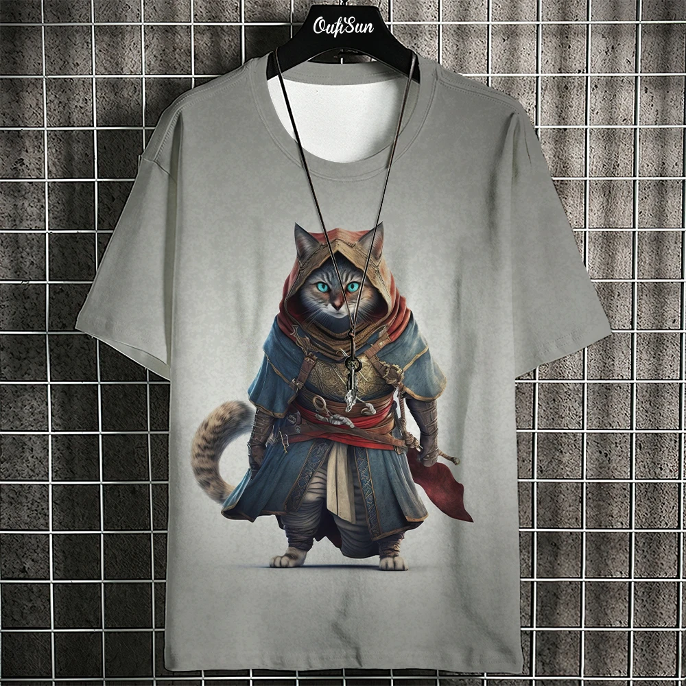 Samurai Kat T-shirt voor mannen Zomer Trendy Japanse korte mouw Tees Oversized streetwear casual sweatshirt Mannelijke kleding Tops