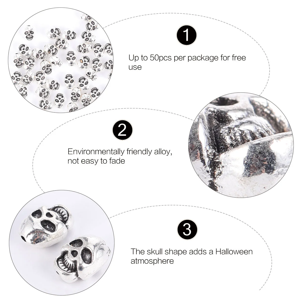 50 Pcs Tibetan Silver Skull Spacer Beads Bracelets DIY Accessories for Kit Alloy Jewelry Making Child