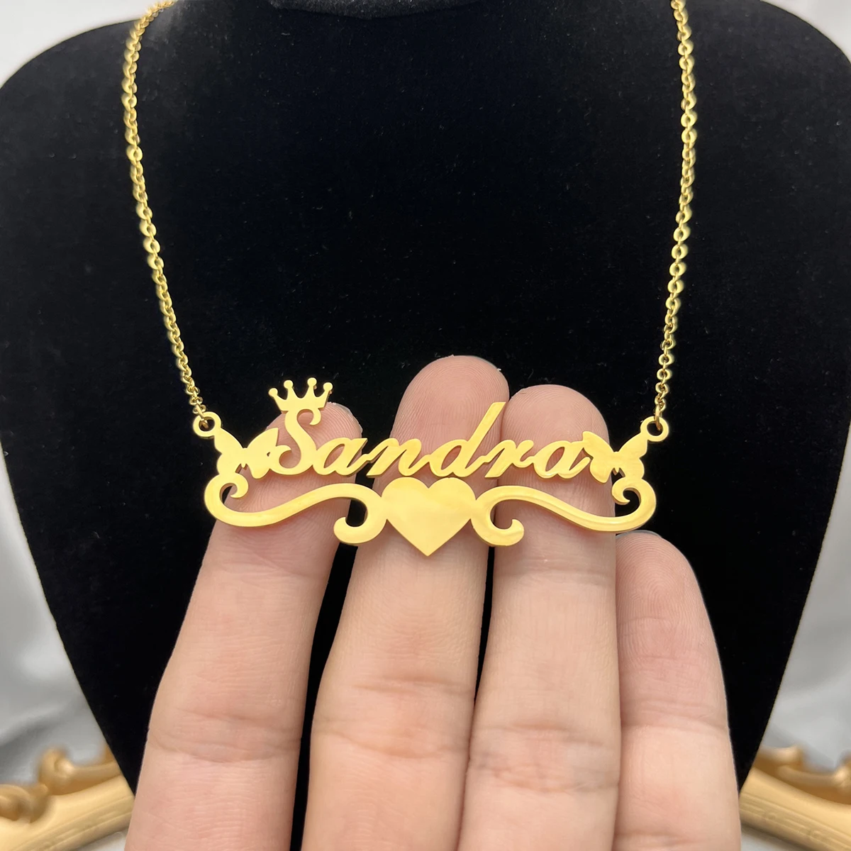 Custom Butterfly Name Necklace With Heart Ribbon Stainless Steel Crown Nameplate Pendant Necklace Women Best Gifts Jewelry