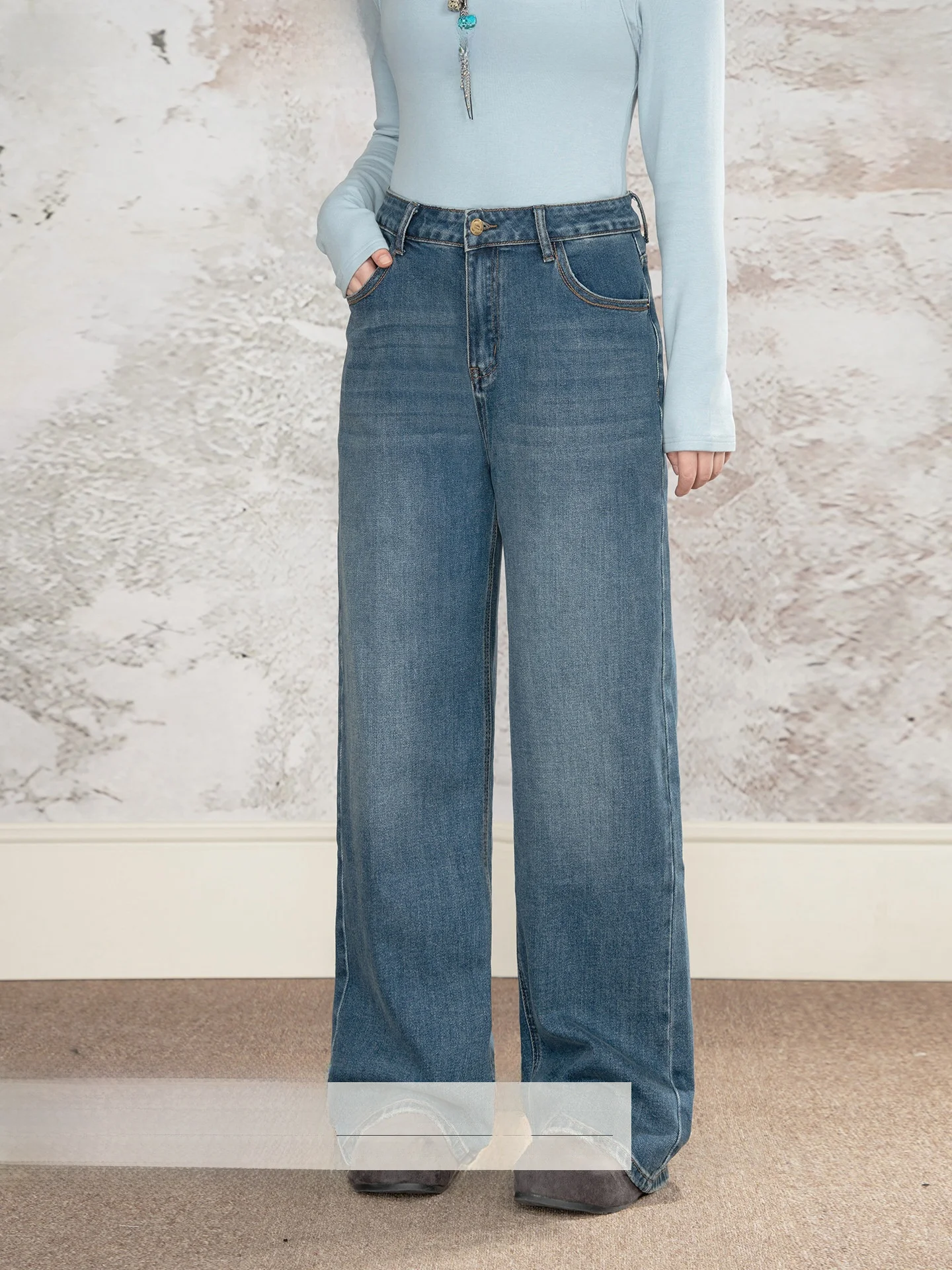 

Новые синие свободные джинсы прямого кроя больших размеров для женщин, осенне-зимние, новые широкие брюки, скрывающие недостатки фигуры, с эффектом похудения