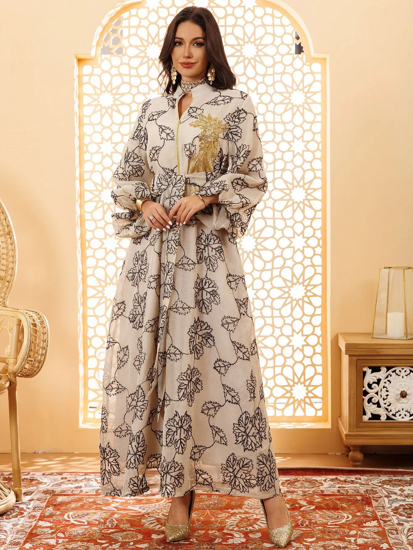 

Elegant Beige Muslim Abaya Black Floral Embroidery Versatile Modest Islam Clothing with Arabian Cultural Flair for Dubai Casual
