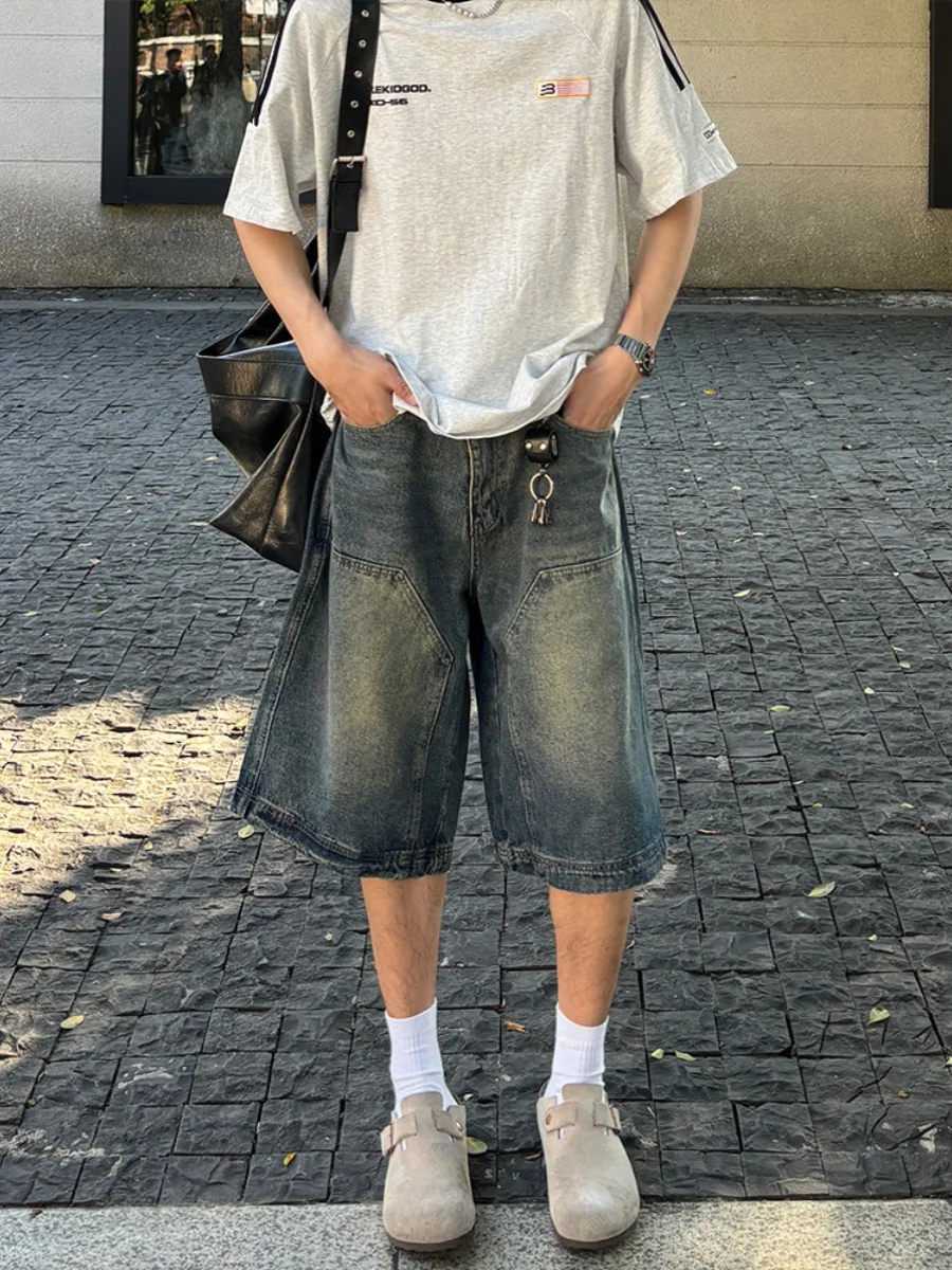 

Летние джинсовые брюки с прямыми штанинами и широкими штанинами в стиле ретро, повседневные универсальные мужские брюки на семь футов в стиле ретро