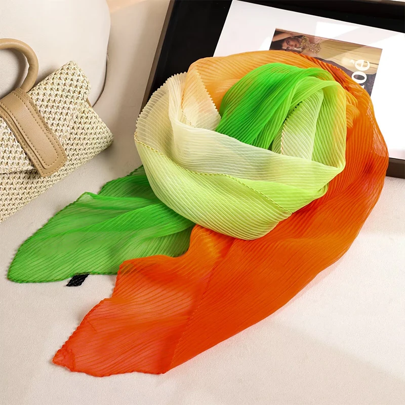 Summer Women Crinkle Beach Scarf Chiffon Gradient Silk Shawls Headband Female Headband Wraps Sunscreen Hijab 2024 New Fashion