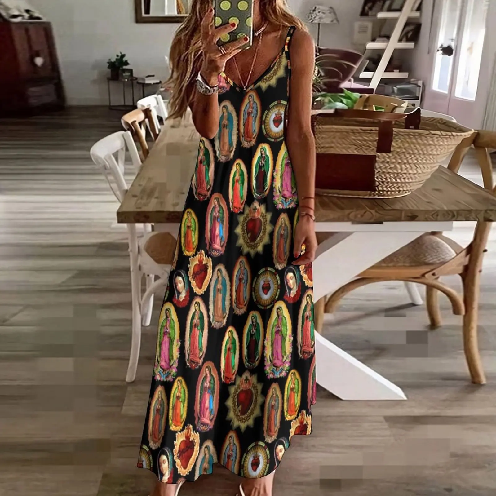 Our Lady of Guadalupe Dress Virgin Mary Aesthetic V Neck Casual Long Dresses Female Print Elegant Maxi Dress Large Size 3XL 4XL