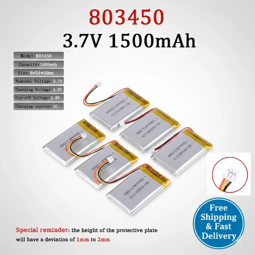 803450 3.7V 1500mAh Li-Polymer Battery with PH 1.25mm 3Pin Connector for MP3 GPS DVD Camera PAD LiPo Rechargeable Accumulator