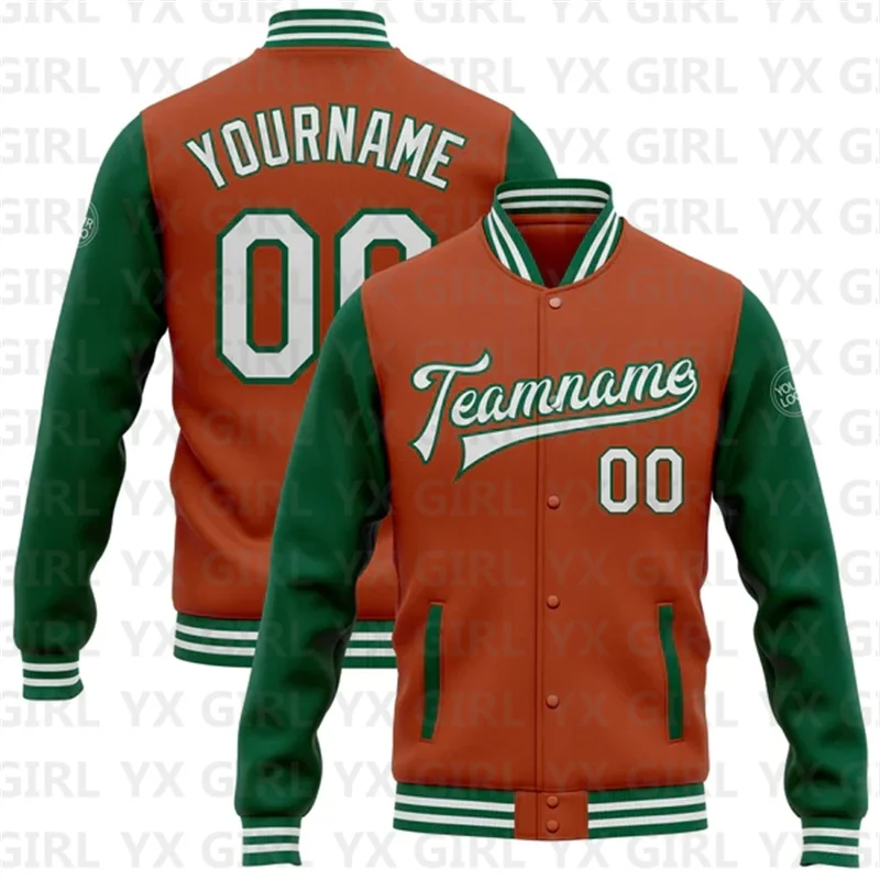 

Custom Texas Orange White-Kelly Green Bomber Full-Snap Varsity Letterman Two Tone Jacket 3D Baseball Button Jacket