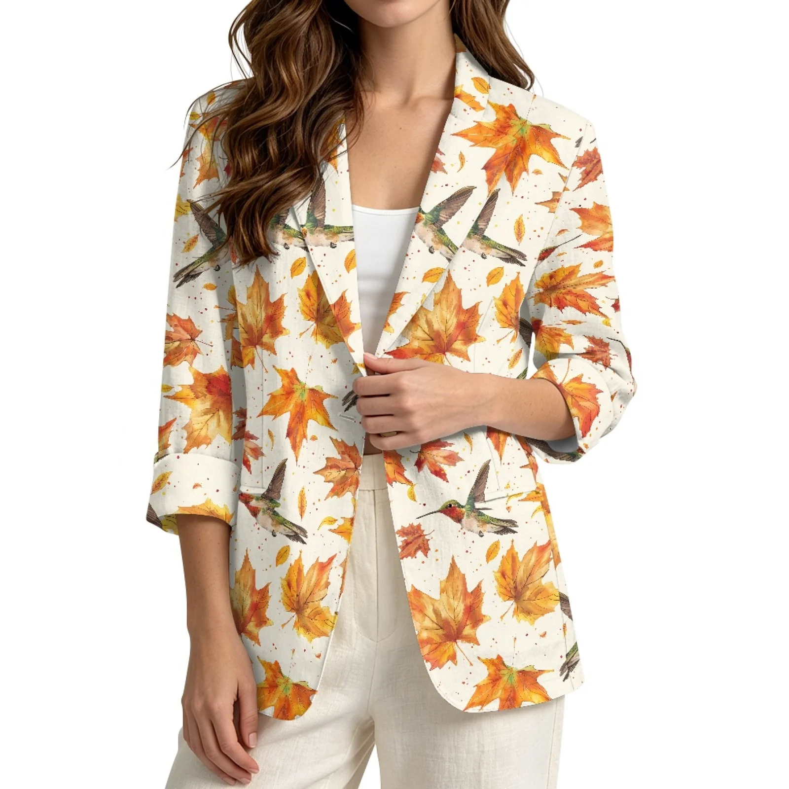 PENSTROLL Bird Maple leaf Open Front Beach Coverups for Women Linen Like Fall Outerwear Open Front Cardigan