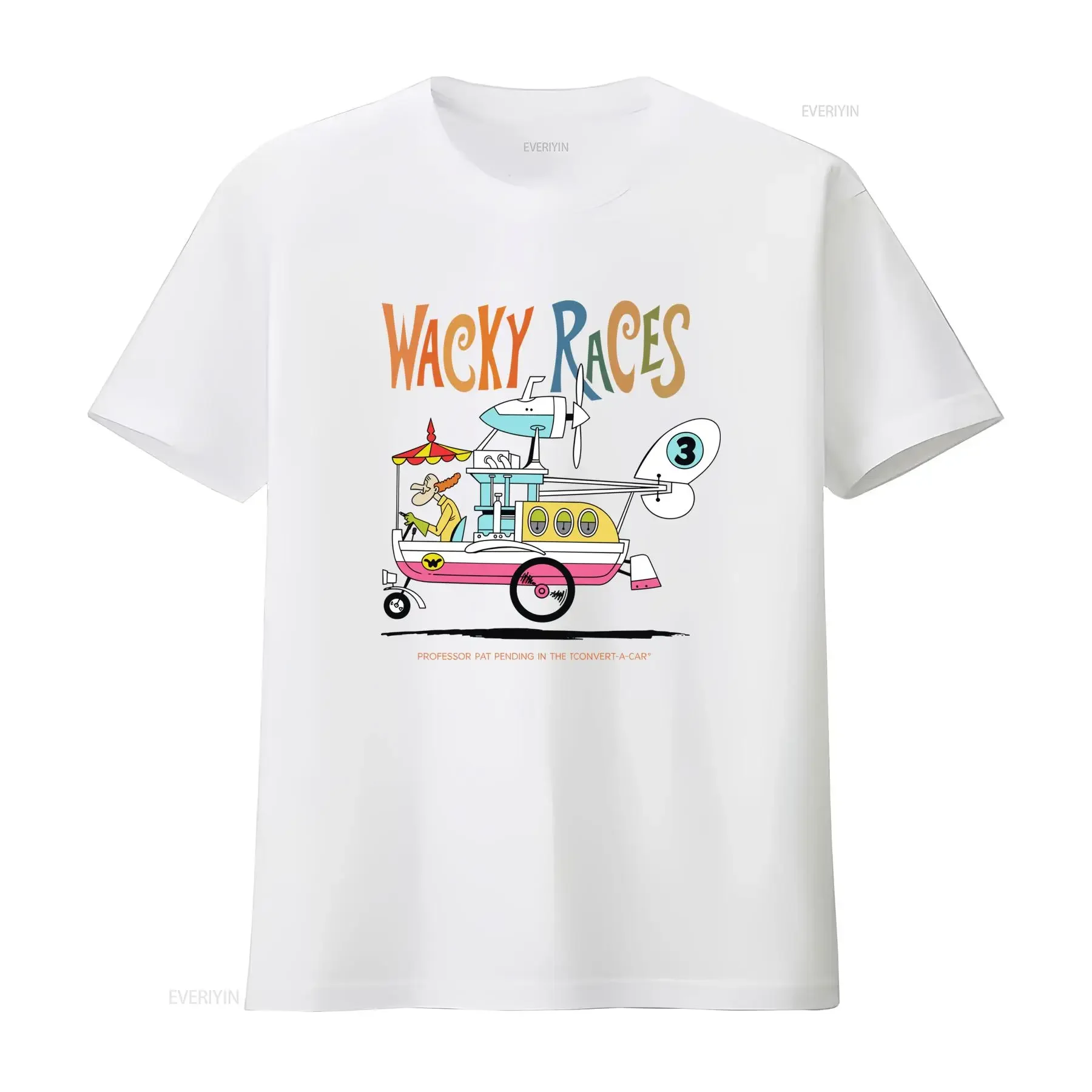 Maglietta 60s Wacky Races Professor Pat Pending Convert a Car Grafica Retro di Auto Convertibile Iconica T Shirt Casual Unisex