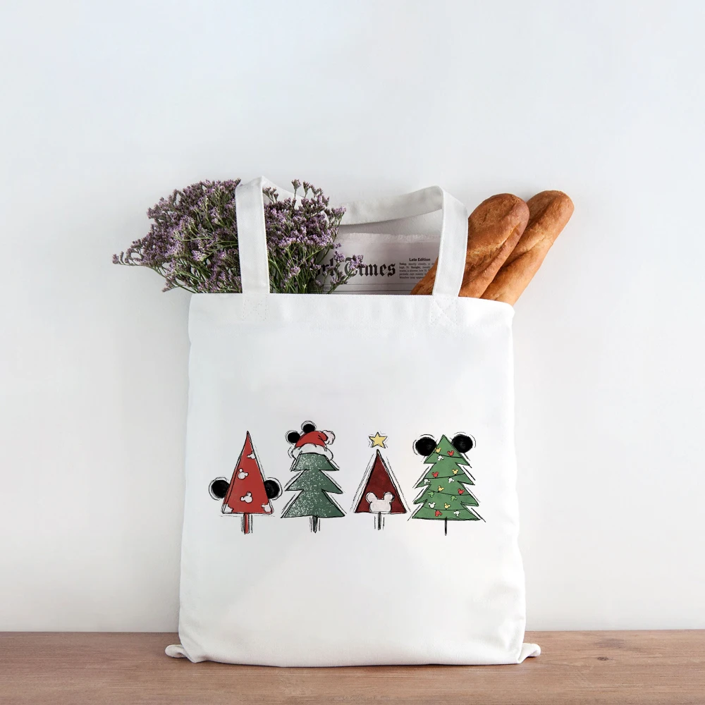 Merry Christmas Tree Pattern Canvas Tote Bag Large Capacity Shopping Bags Shoulder Handbag Eco Girl Handbags