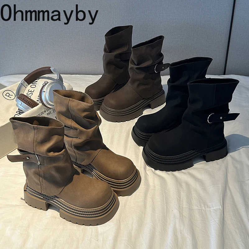

Vintage Platform Thick Bottom Women Ankle Boots Fashion Belt Buckle Autumn Winter Female Trouser Legs Short Booties
