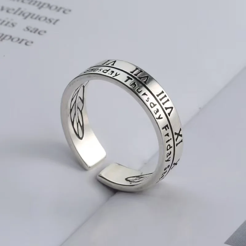 

Pure silver S925 ring with Roman numerals, Sunday print, love, double prosperity, high-end versatile couple ring