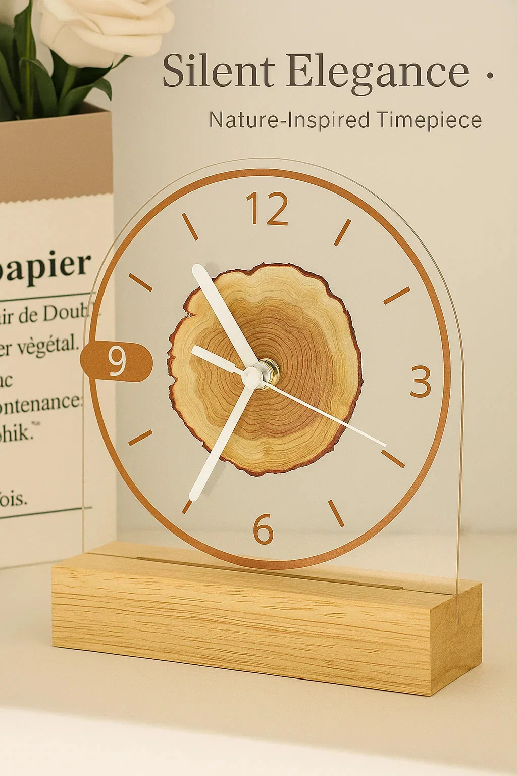 Minimalist Tree-Ring Acrylic Desk Clock with Solid Wood Base – Silent Movement, 6inch, Nordic Style Home Decor
