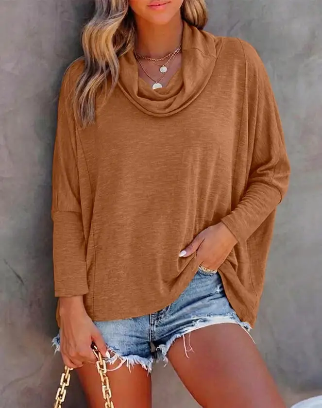 

Women's Blouse 2026 Spring New Cowl Neck Batwing Sleeve Top Casual Long Sleeve Loose Pullover Comfortable Soft Drape Blouse