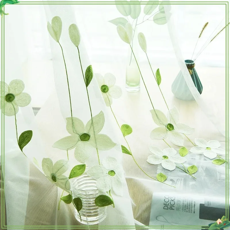 

Rustic Fresh Green Leaves Floral Embroidered Mesh Tulle Curtains for Living Room Graceful Window Drapery for Kid's Bedroom