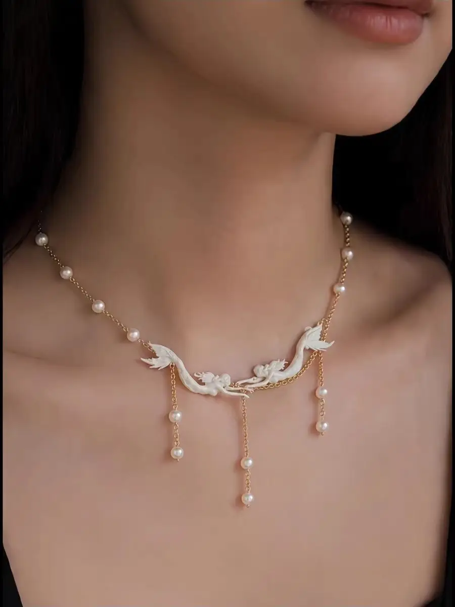 Twin Mermaid Necklace Perlas Barrocas Naturales Retro Elegant Cold Style Clavicle Chain Collares Para Mujer Jewelry Regalos view 6