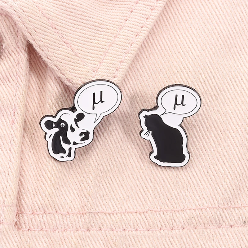 Black Cat Cow Say μ Enamel Pin Funny Pun Cartoon Animal Brooch Lapel Backpack Badge Fashion Jewelry Accessories Gift for Friends