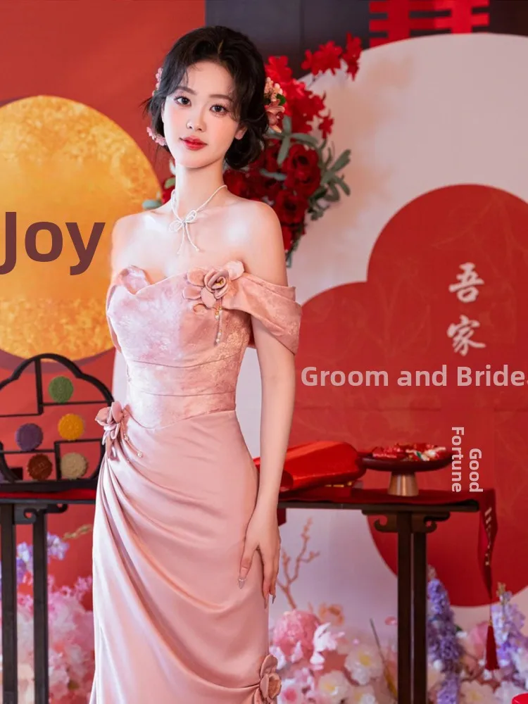 

Pink One-oulder Handmade Floral Wedding Dr Beautiful Waist-Cinched Evening Gown for Engagement Parties And Banquets