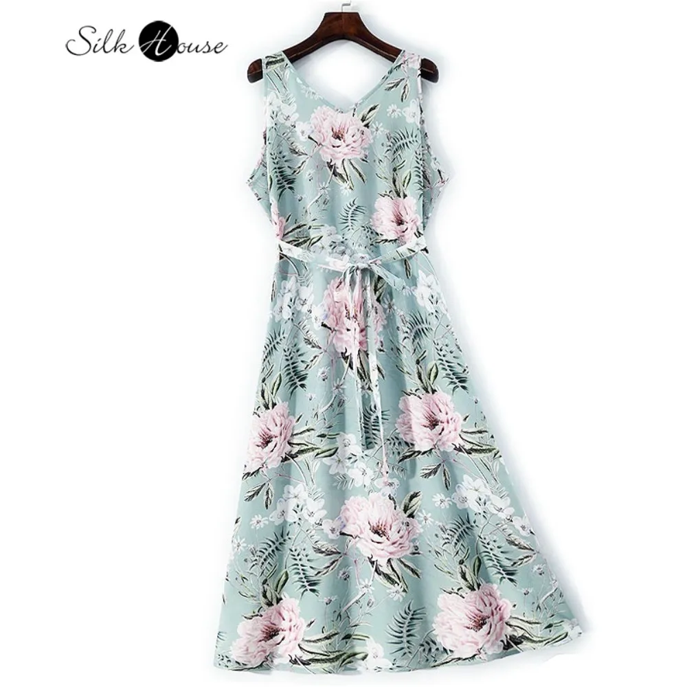 

Women's Summer Dress 100% Natural Mulberry Silk Crepe De Chine Minimalist V-neck Blue Printed Lace Up Tank Top Dress