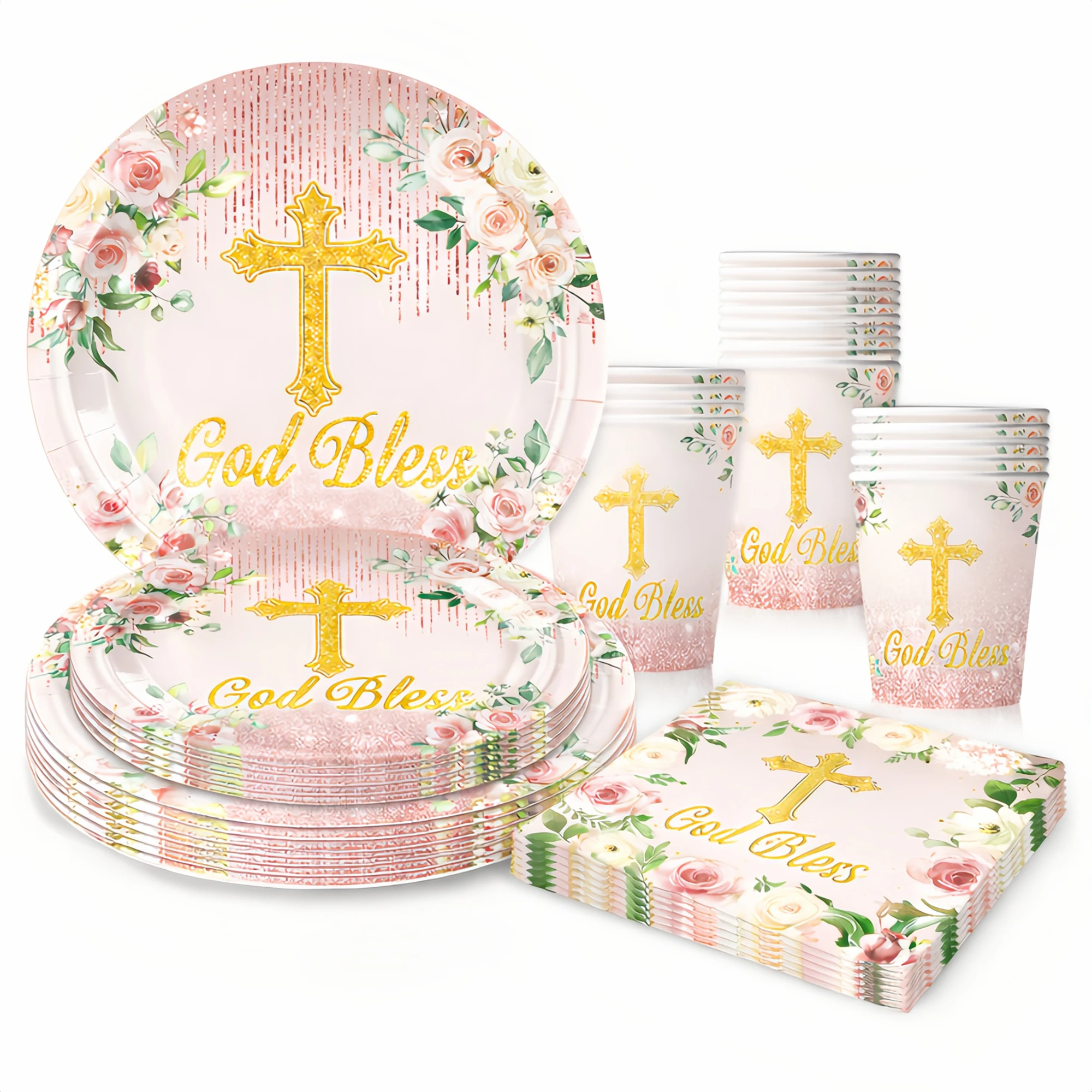 Gott Segne Dich Tischdekoration Rosa Kreuz Kommunions-Dekorationen für Mädchen Einwegteller Becher Servietten für Erste Heilige Kommunion Taufe
