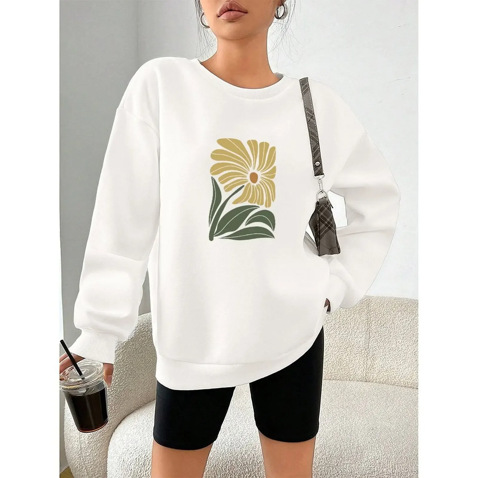 

2025 Fashion O-Neck Long Sleeve Pullovers Woman Velvet Winter Casual Comfortable Lovely Floral Print Sweatshirt Tops