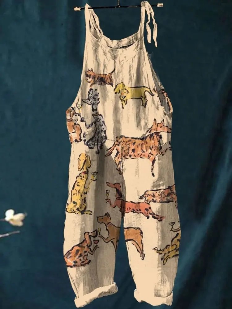 2025 Multi - Color Women's Casual Trousers Abstract Cartoon Animal And Plant Prints, Trendy & Fashionable One - Piece Design