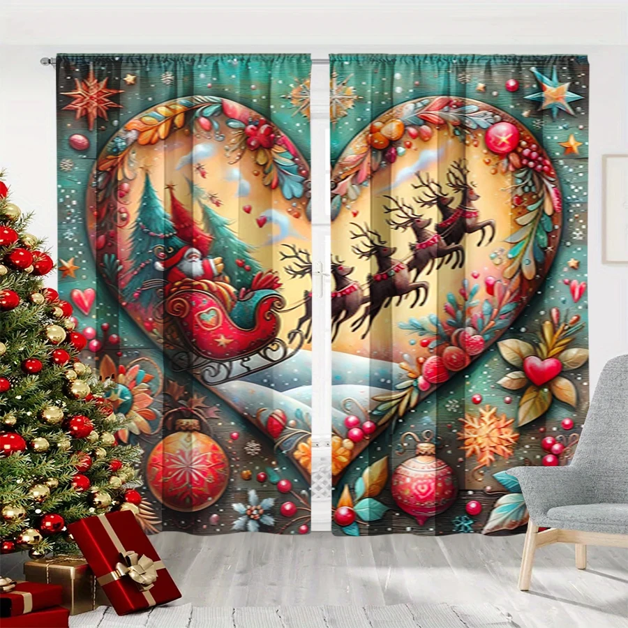 2PCS Christmas Winter Curtains, Santa Claus Reindeer Sleigh Heart Vintage, Digital Print, Bedroom Living Room, Home Decor
