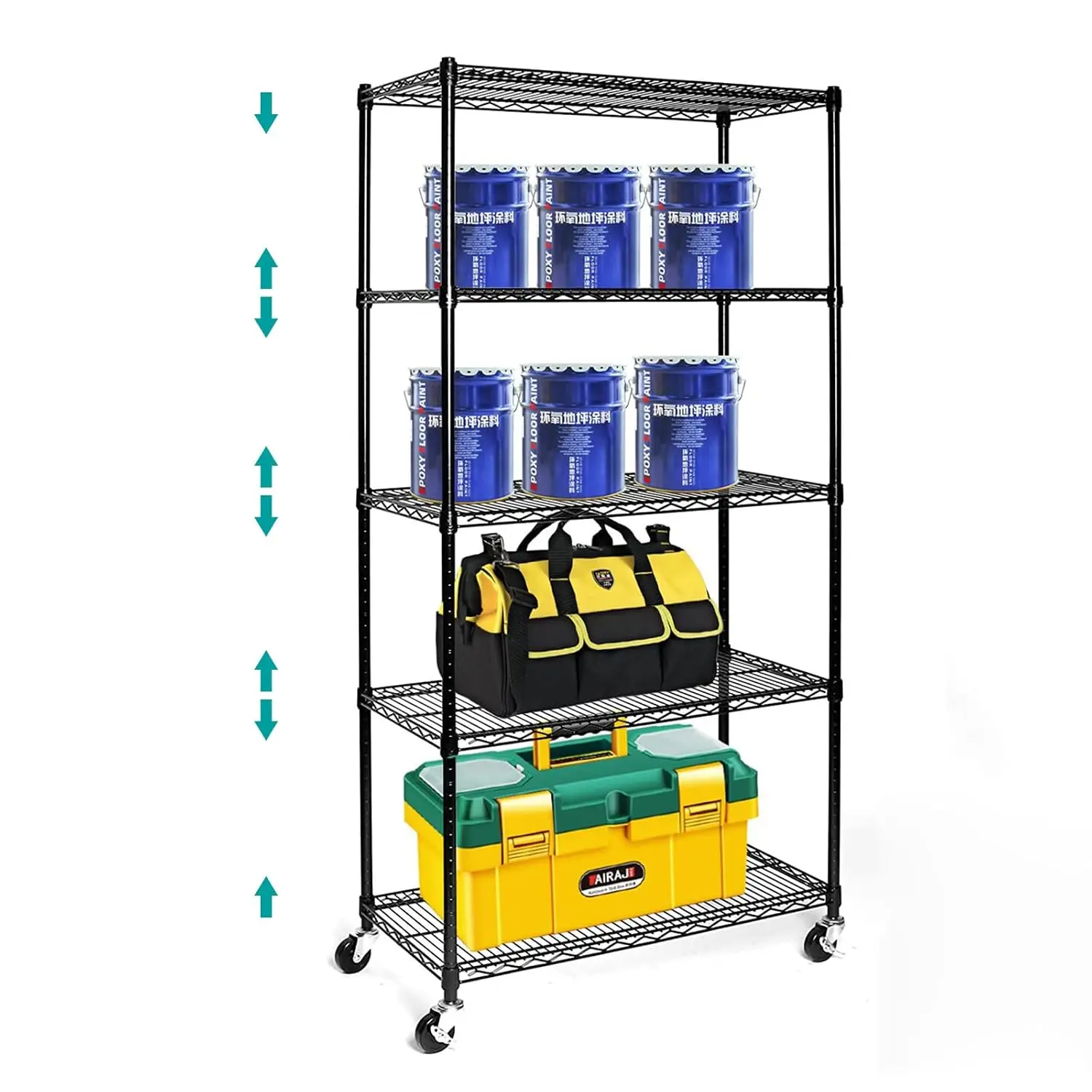 5 Tier Wire Shelf on Wheels, NSF Adjustable Rolling Metal Storage, 18x35.5x71in 330Lbs, Kitchen Pantry Garage, Customized